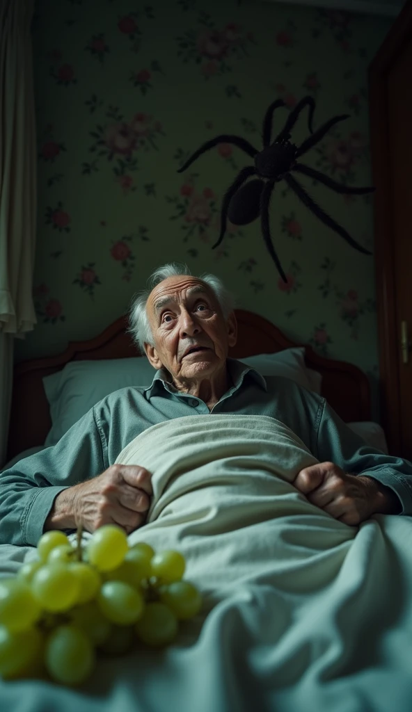 The old man was lying in bed eating grapes, a big spider crawled onto the bed, the old man was terrified 3d 4k image