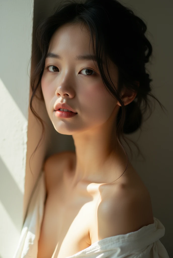 A nude Japanese woman in natural light、Chest close-up and calm expression.、It represents her inner peace and outer charm..。