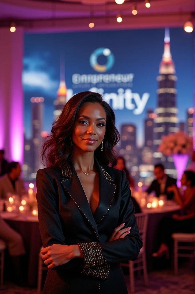 Create a image Event Introduction . Introduction to the Women Entrepreneur Awards with the attractive back ground . Unique" INFINITY " logo