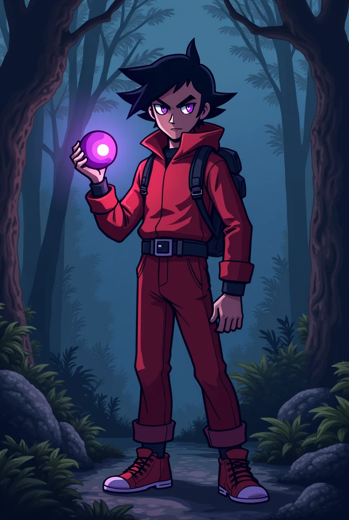 Create a character based on the protagonist of Pokémon: red, but with a red outfit, purple eyes and in an old video game format, Make it darker, with a Pokemon background and a purple Pokeball in his hand