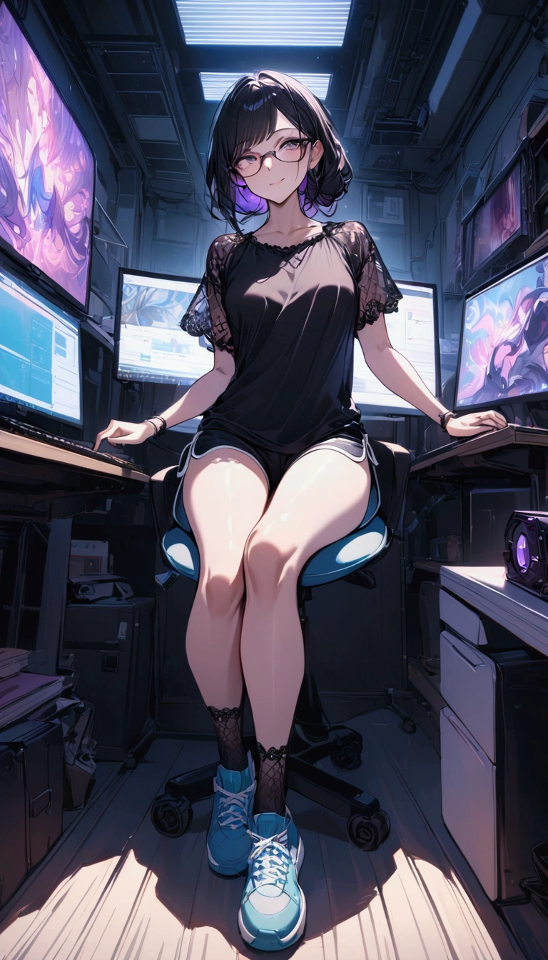 {{masterpiece}}, {{{Highest quality}}},{{Very detailed}}{{female martial artist}}, {{Very slim legs:1.2}},slim body,Smile softly at the viewer.,sit on a chair,Woman with glasses working on an illustration in the computer room,lace-patterned short sleeves blouse,dolphin shorts,Sneakers Short Socks,clavicle,computer room