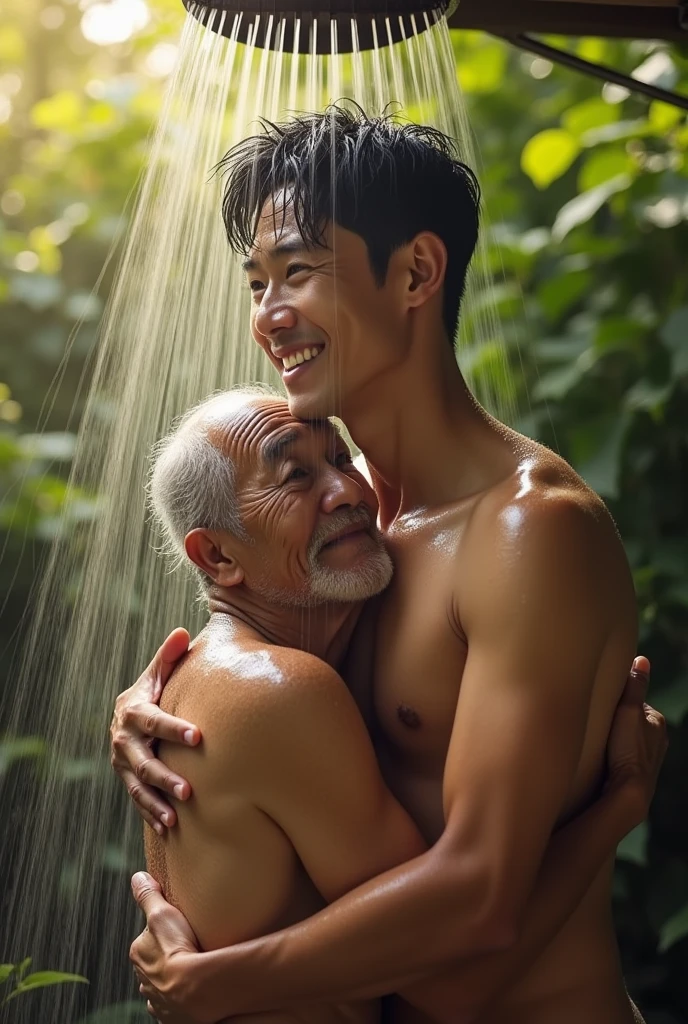 Handsome Korean guy with six-pack abs takes off his clothes and hugs an old homeless person while taking a shower