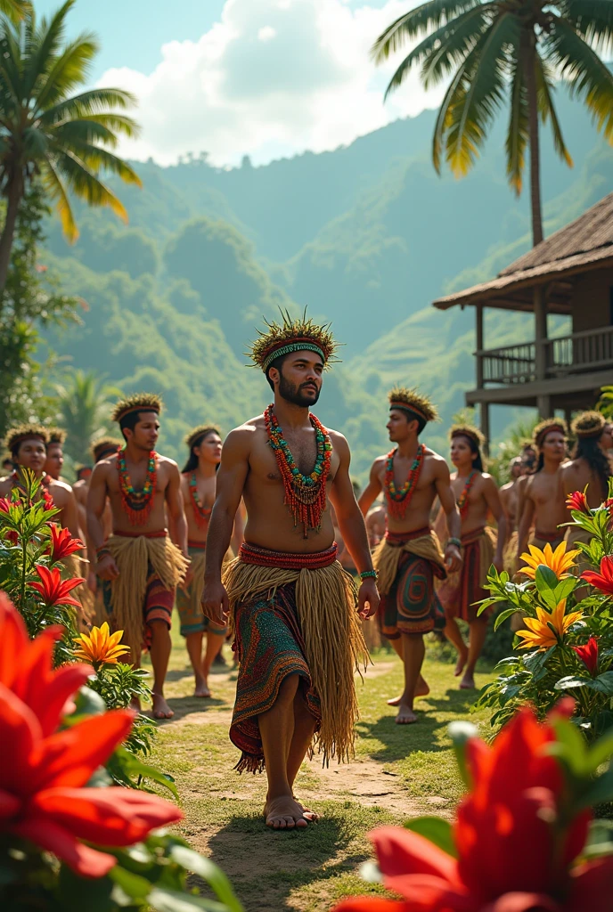 Make a 3D picture of the Sulawesi tribe of Indonesia with the typical scenery of Sulawesi