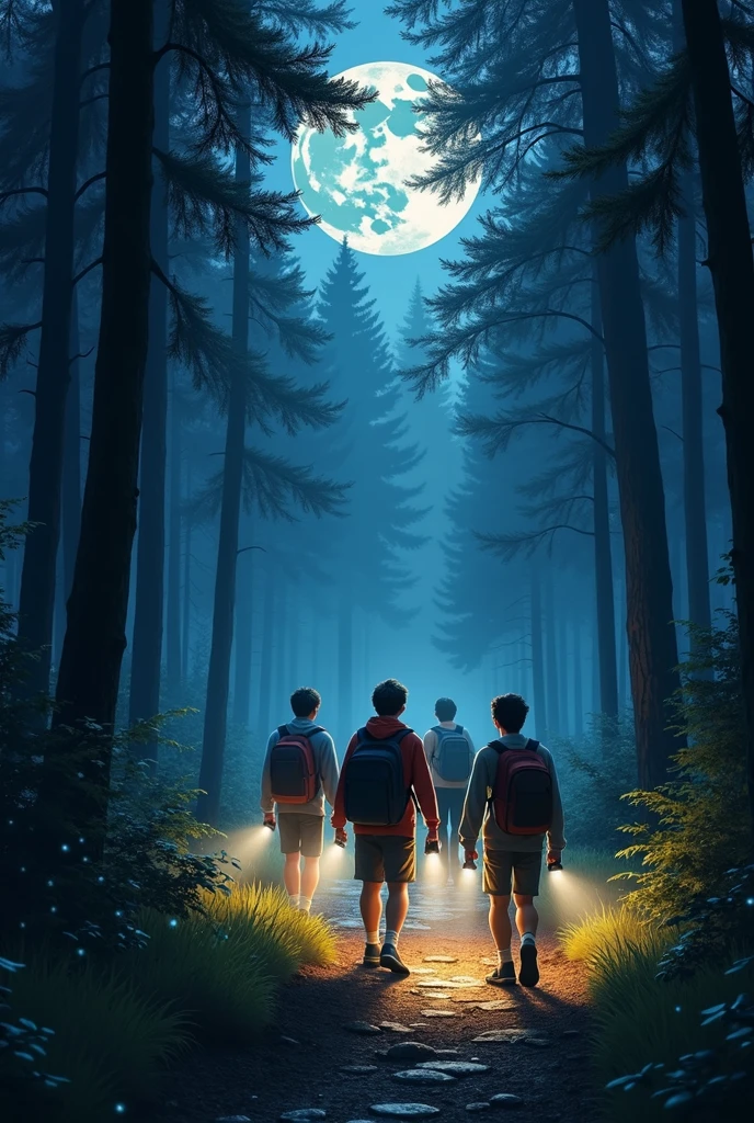 A eighteen years old boy with his friends walk in the forest in night