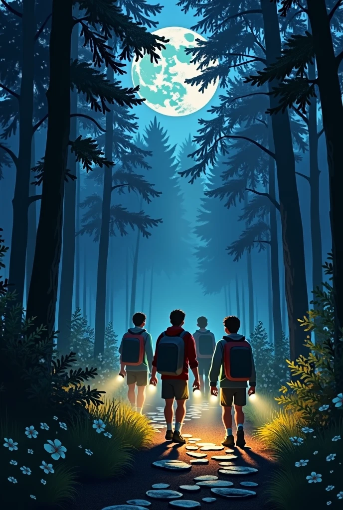 A old boy with his friends walk in the forest in night