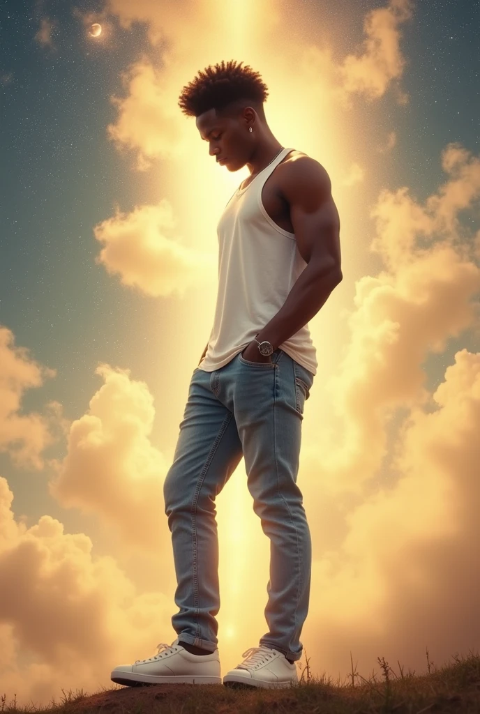 Create an image of a black afro-haired man with short hair, a white tank top, blue jeans, and white sneakers. Depict him as a deity.