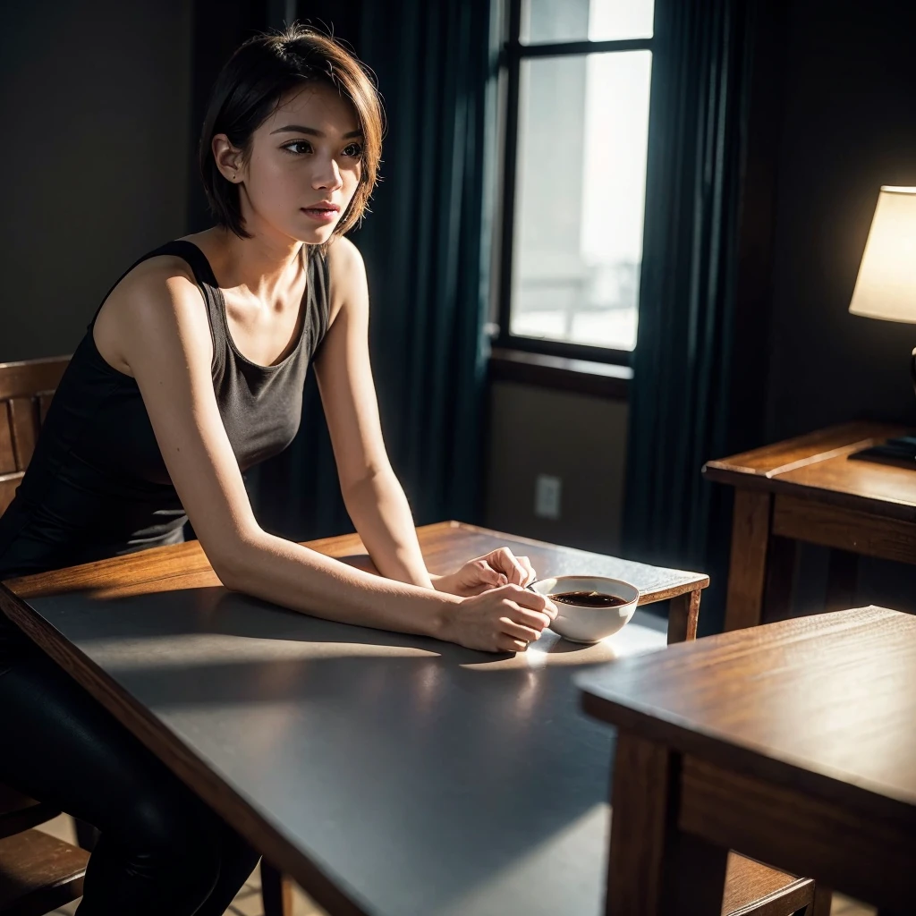 (8k, RAW photo, best quality, masterpiece:1.2), (realistic, photo-realistic:1.4), (extremely detailed 8k wallpaper), sharp focus, professional lighting, depth of field, cinematic lighting, luxury hotel, indoors, upper body, beautiful detailed girl, leaning forward, sitting, sitting on chair, stare into the distance, realistic body, extremely detailed skin, embarrassed, stifled laugh, short hair,(Seminar space, attending seminars:1.4),long desk,many people,Notebook, pen, class,