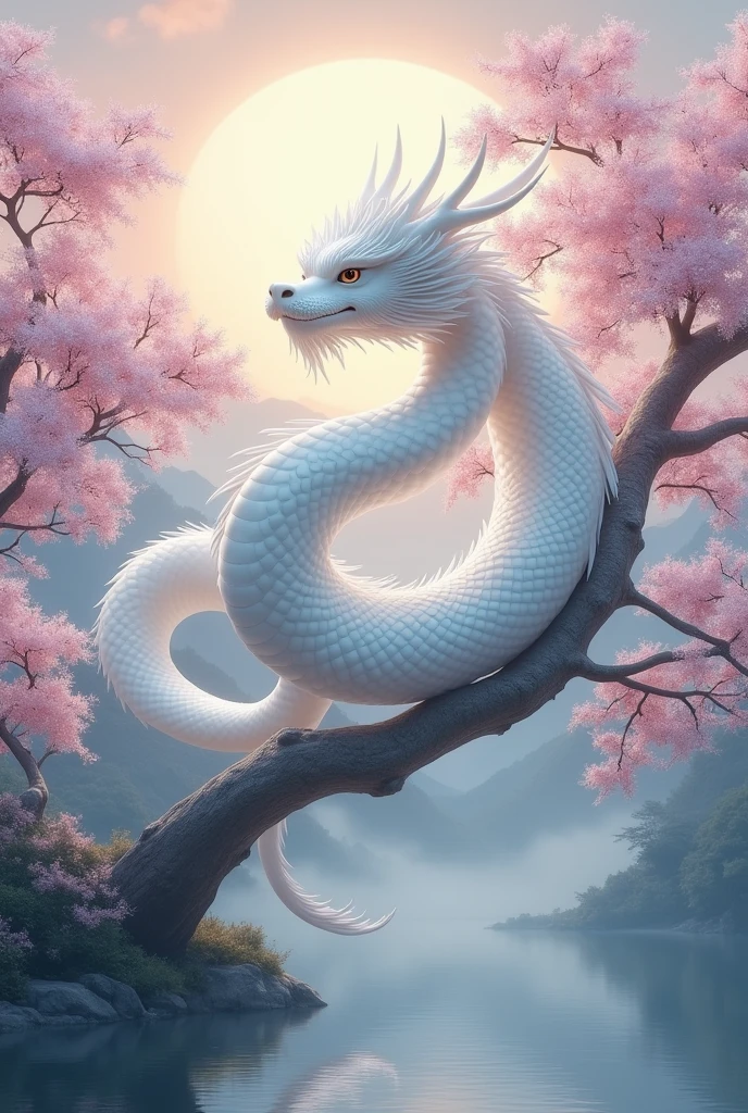A sleek, slender Japanese dragon with a flowing, serpentine form and pearl-like orbs along its body. It has antler-like horns and a long, flowing mane, moving elegantly through cherry blossom trees. The backdrop includes traditional Japanese architecture, such as a torii gate and a serene koi pond."