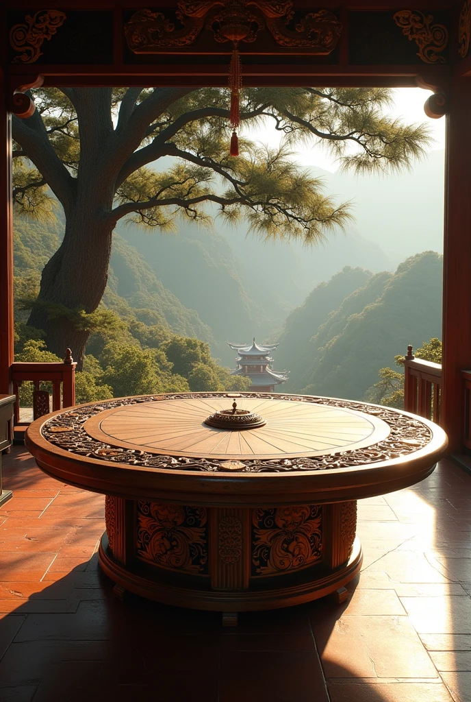 Detailed photo of a temple wooden table used for temple lotteries, cinematic lighting, 8K, realistic, highly detailed architectural elements, ancient Chinese culture, intricate carving details, sense of design, warm colors, natural light, serene atmosphere, dramatic shadows, expansive panoramic views, culture of the Shaolin Temple, temple,trees, multi-angel