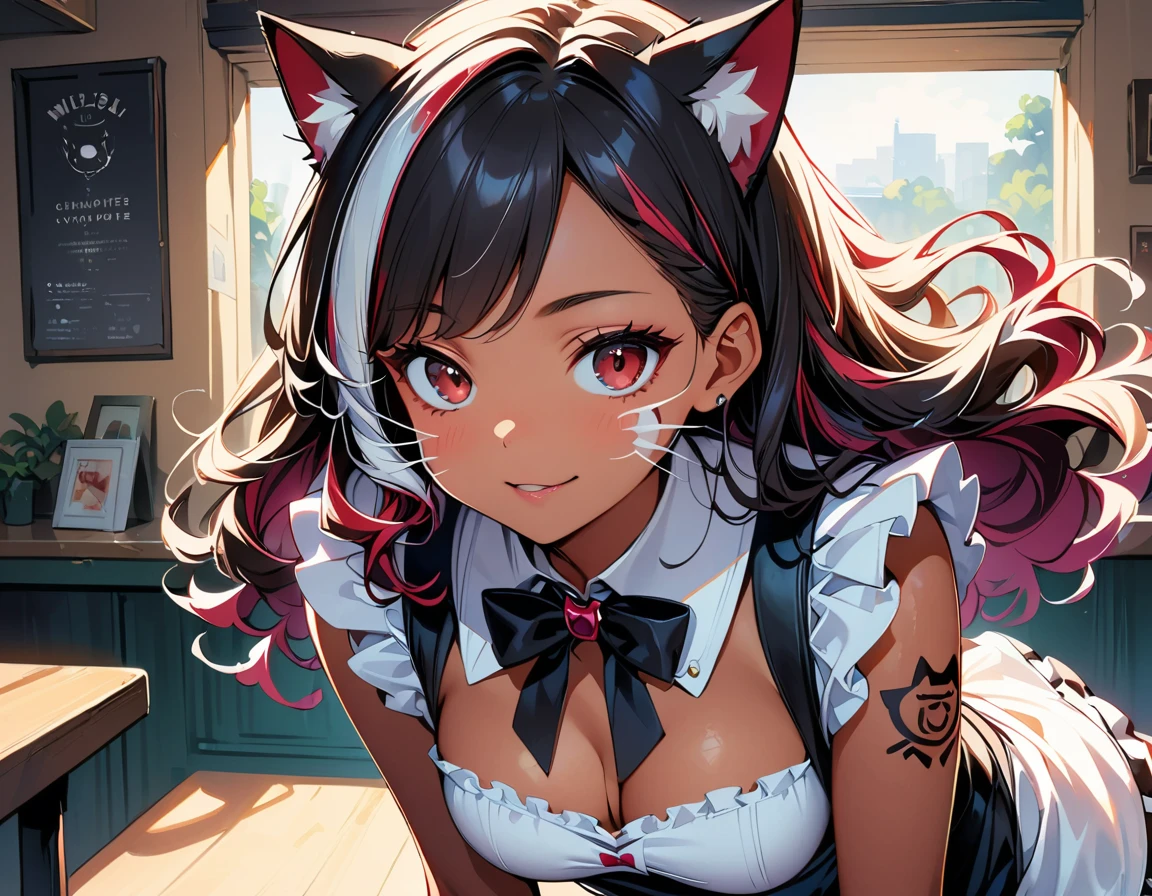 (highest quality:1.2, Very detailed, up to date, Vibrant, Ultra-high resolution, High Contrast, masterpiece:1.2, highest quality, Best aesthetics), Portraiture、girl、singer, solo, ((25-years-old:1)), Bright colors, Beautiful fine details、Beautiful lip detail、medium wave hair、red and white ((streaked hair:1.6)), highlights hair: 1.5, red eyes, slim body, medium breast, (tan skin:1.1), (Floral Fineline tattoo design on left arm:1), sexy Maid costume, cat ears, ((cat whiskers:1.5)), cat makeup, in Maid Cafe, ((leaning forward:1)), cowboy shot,