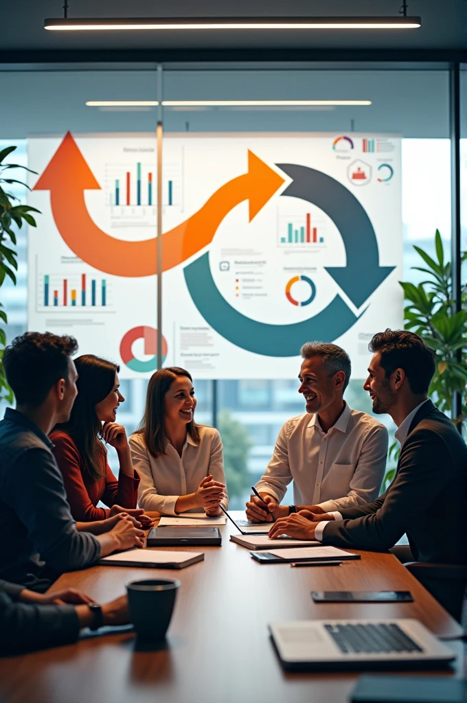 A process chart with circular arrows representing continuous feedback. You can also include images of a modern organization or a work team.