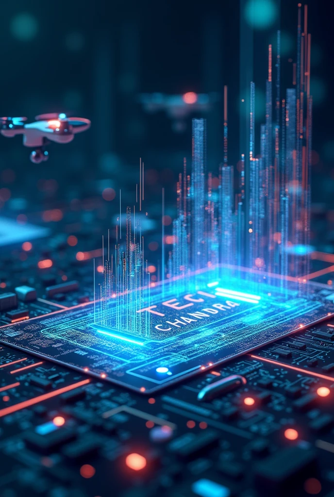 "Design a YouTube channel banner (2560x1440 pixels) for 'Tech Chandra' that showcases advanced technology and futuristic products. The banner should feature elements like holographic interfaces, circuit boards, sleek gadgets, and futuristic devices such as drones, wearable tech, and transparent screens. Include the channel name 'Tech Chandra' in a bold, modern font, prominently displayed in the center or to one side. The background should have a clean and modern aesthetic with digital effects and a color palette of blues, silvers, and neon accents, creating a visually striking representation of cutting-edge technology."
