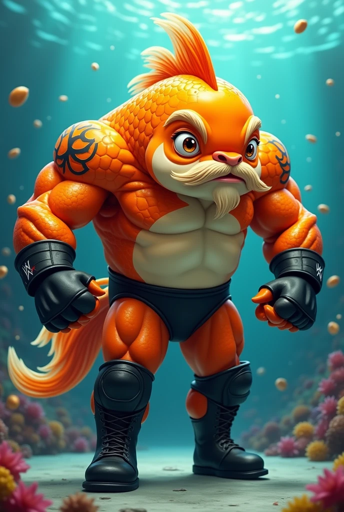 Cartoon goldfish dressed like WWE wrestler Goldberg , with a muscular body, arm tattoo, with blond mustache and goatee, a bald head and wearing black gloves, boots, and trunks