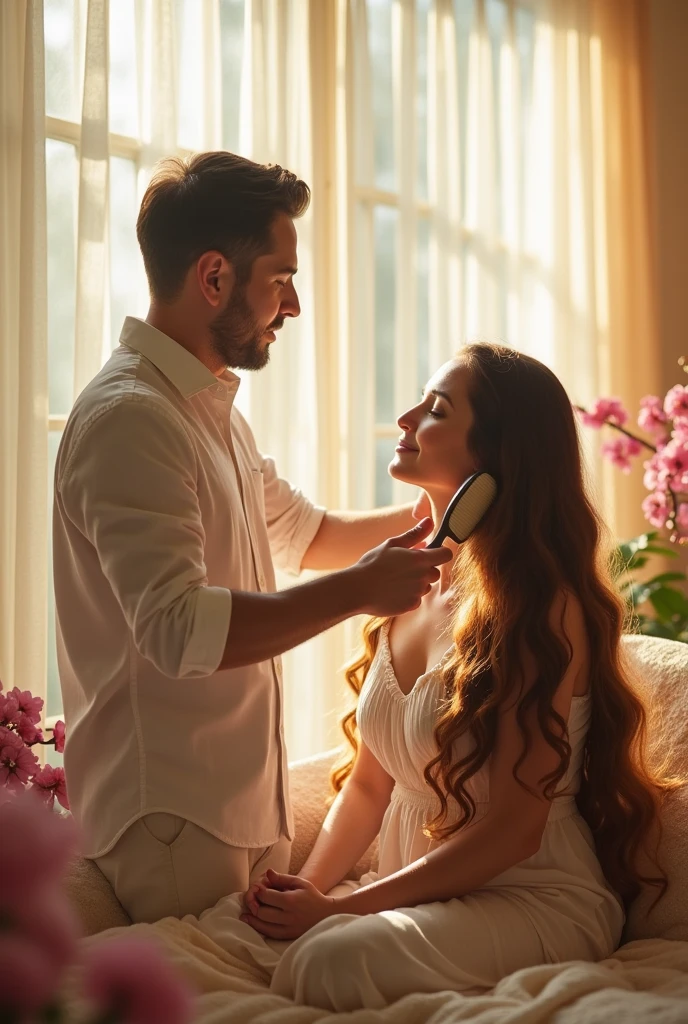 Brushing wife's long hair