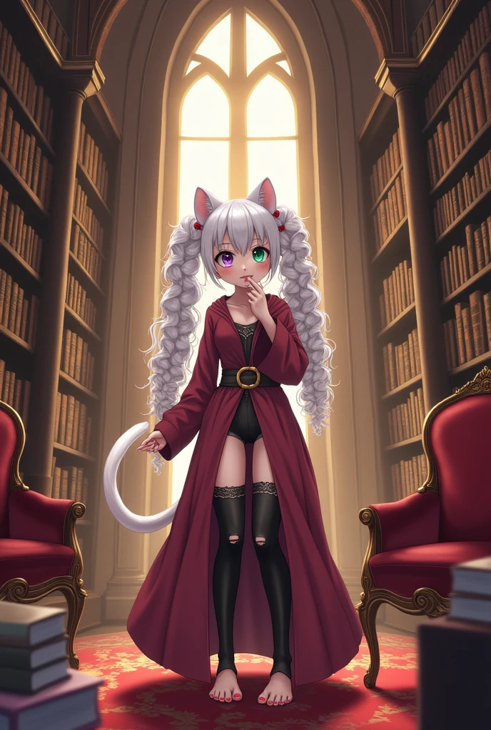 ((best quality)), ((masterpiece)), (detailed), ((highres)), In lavish manor library,, extremely long curly white pig tails. Fluffy white cat ears. Long white cat tail on butt, 1catgirl, 20 year old, Curvy body, shy, timid, scared, nervous, Blushing., naked. Heterochromatic eyes, one teal eye, one purple eye. No shoes, black ripped thigh high leggings with pink pawpads on bottom,