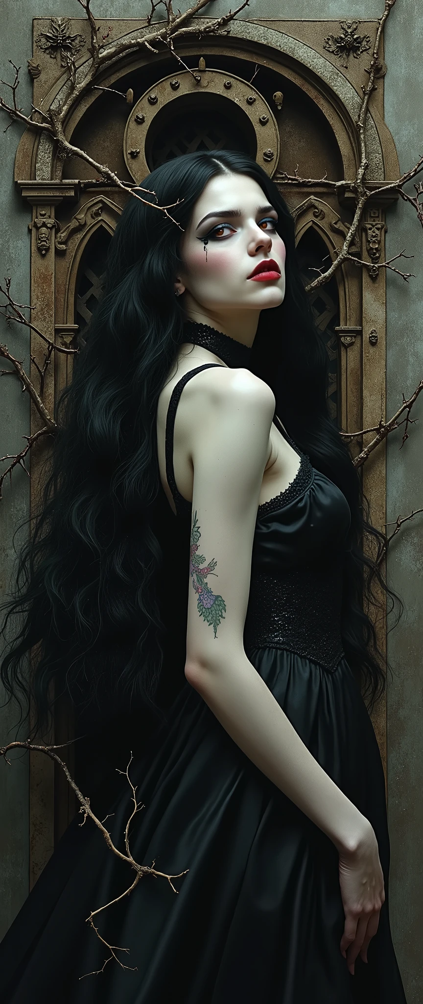 Envision a Gothic vampiress, Lilith, emerging from the shadows of a twisted, surreal world inspired by the intricate and fantastical style of Hieronymus Bosch. Her ethereal beauty is both alluring and unsettling, with porcelain skin that contrasts starkly against the dark, labyrinthine environment around her. Lilith's flowing raven-black hair is adorned with delicate, thorny vines, while her crimson eyes reflect the macabre and eerie landscape—teeming with bizarre creatures and foreboding structures. The world she inhabits is a nightmarish dreamscape, where gothic architecture melds with organic, otherworldly forms, creating a haunting yet mesmerizing vision of darkness and beauty.