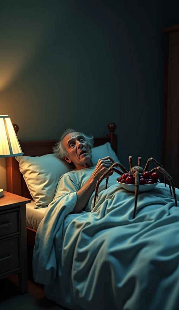 The old man was lying in bed eating grapes, a big spider crawled onto the bed, the old man was terrified 3d 4k image