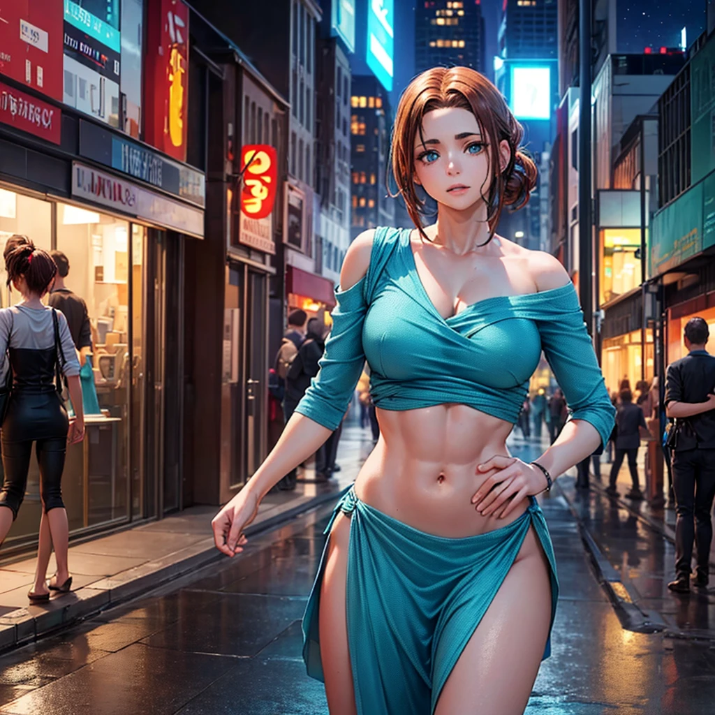 (best quality, 8K, masterpiece: 1.3), Be focused: 1.2, beauty: 1.4, Abdominal muscles: 1.1, Aqua blue dress: 1.4, Outdoors at night: 1.1, City Streets, Pretty face and eyes,Add realistic lighting, Pay attention to adjusting the proportions.