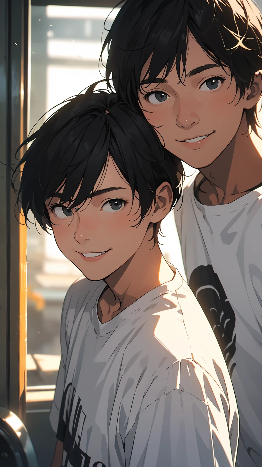 High school student, young man, teenager, nice young man with a kind and refreshing smile, honor student, wearing a white shirt, short black hair, short hair, center parted, 8k, highly detailed, front lit, portrait, expressive, sharp focus, masterpiece