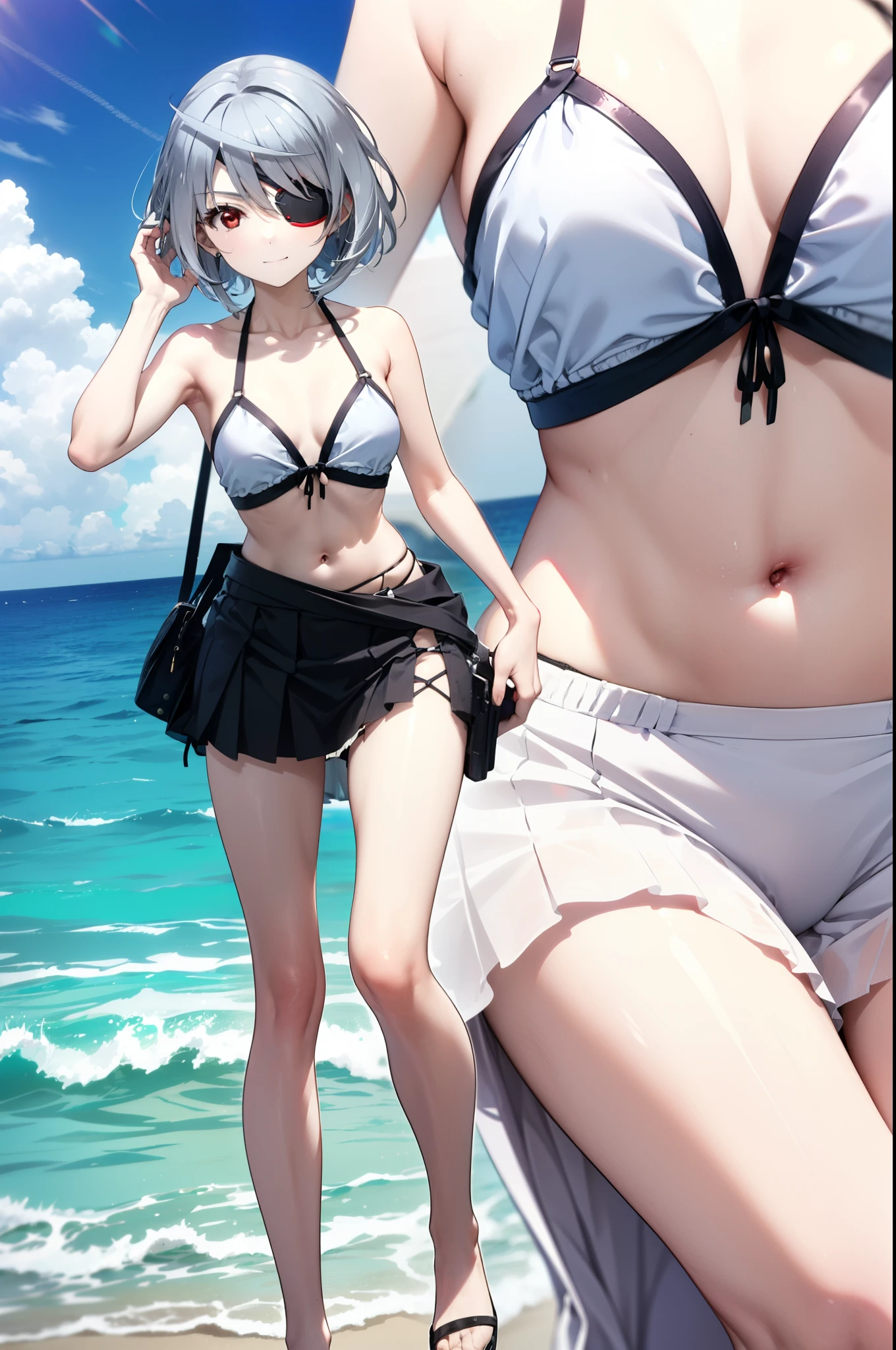 Laurabodewig, Laura Bodewig, (Red eyes:1.3), Long, thick braids,Grey Hair, Eye patch,smile,Black string bikini swimsuit,Belly button,abdomen,A thin long skirt is wrapped around her waist,He is wearing a gun holster on his leg.,Strolling on the sandy beach,Walking,whole bodyがイラストに入るように,,
break outdoors, Beach,
break looking at viewer, whole body,
break (masterpiece:1.2), Highest quality, High resolution, unity 8k wallpaper, (figure:0.8), (Beautiful attention to detail:1.6), Highly detailed face, Perfect lighting, Highly detailed CG, (Perfect hands, Perfect Anatomy),