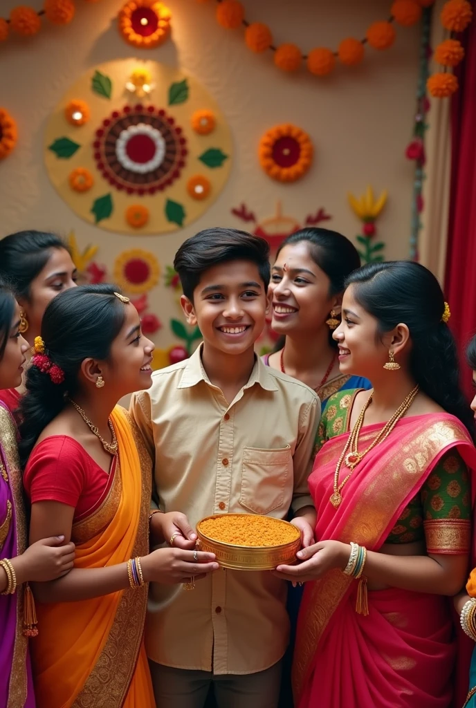 Generate a rakshabandhan image one boy and  four Girls
Boy is age of 19 and sisters are above 20
All sisters are in maharastrian saree