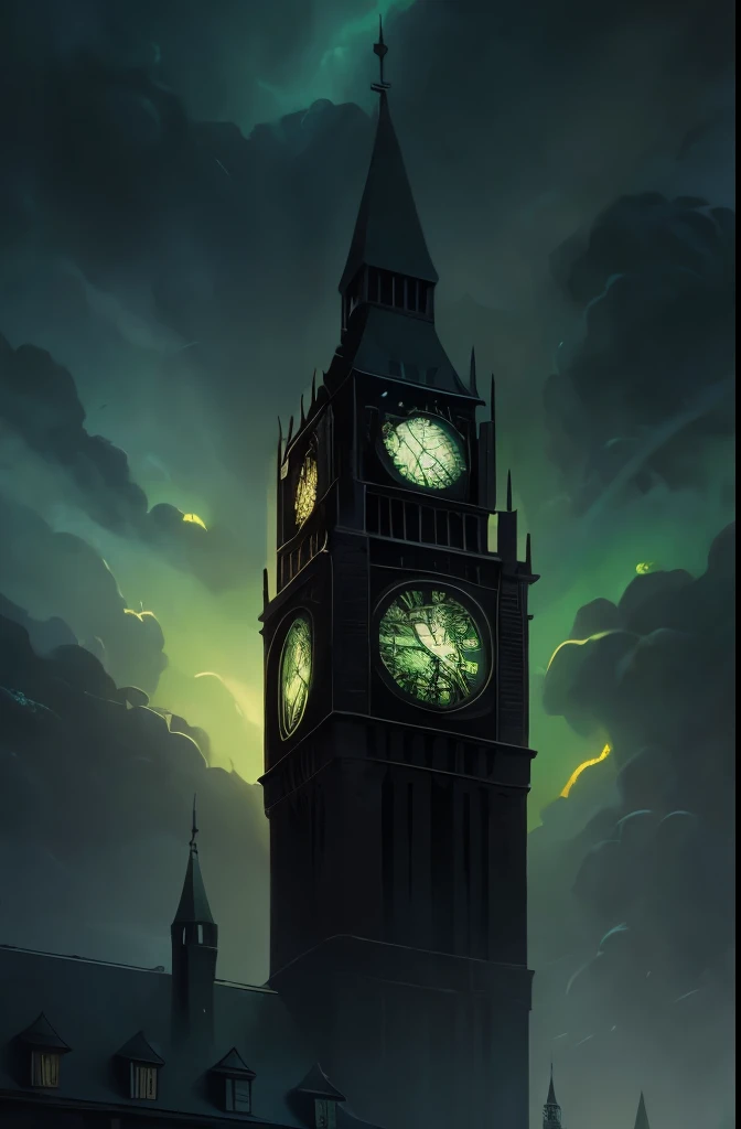 a close up of a clock tower with a green sky in the background, a matte painting inspired by Michael Whelan, cg society contest winner, gothic art, micheal whelan, michael whelan and gustave dore, where lovecraftian horrors roam, lovecraftian atmosphere, arkham horror, michael whelan and gustave done, michael whelan art, shadow over innsmouth, barlowe wayne