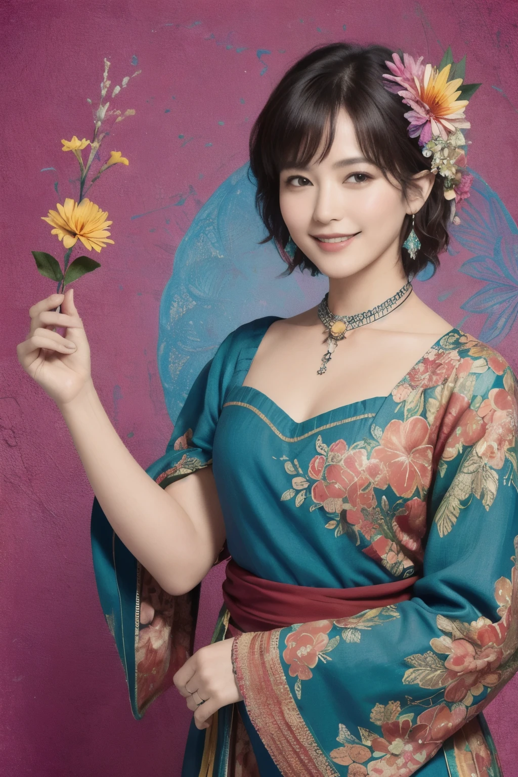272 (20-year-old woman,short hair), (masterpiece, Highest quality, beautiful:1.2), Very detailed, (Fractal Art:1.1), (colorful:1.1), (flower:1.3), whole body, (Abstract background:1.3), (Many colors:1.4), (Old-fashioned smile), (Hawaii)