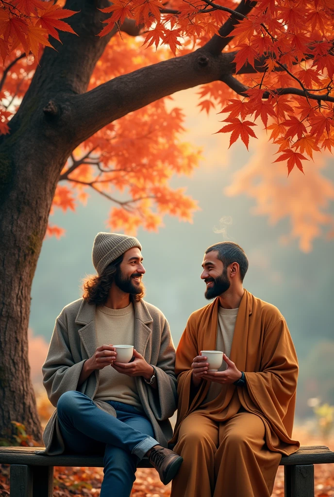 Jesus Christ and Buddha drinking hot tea under a tree with red and orange gradient autumn leaves. They sit on a bench and look up at the autumn leaves, holding cups of matcha in their hands. they are shining. They are smiling and looking happy. Jesus is wearing a gray coat over an off-white knit top, jeans, and a knit hat. Jesus of Nazareth is depicted as a gentle, gentle man with shoulder-length hair. His wavy brown hair cascades over his shoulders. His face conveys deep wisdom and empathy, radiating warmth and understanding. The other man is a Japanese man, with a short nose and long, slit eyes that convey deep wisdom and empathy, and exude warmth and understanding. Autumn in Japan. Steam is coming out from the matcha. Autumn photography in Japan, highly detailed, trending at art stations, sharp focus, studio shot, intricate details, Greg Rutkowski,