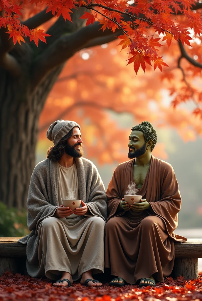 Jesus Christ and Buddha drinking hot tea under a tree with red and orange gradient autumn leaves. They sit on a bench and look up at the autumn leaves, holding cups of matcha in their hands. they are shining. They are smiling and looking happy. Jesus is wearing a gray coat over an off-white knit top, jeans, and a knit hat. Jesus of Nazareth is depicted as a gentle, gentle man with shoulder-length hair. His wavy brown hair cascades over his shoulders. His face conveys deep wisdom and empathy, radiating warmth and understanding. The other man is a Japanese man, with a short nose and long, slit eyes that convey deep wisdom and empathy, and exude warmth and understanding. Autumn in Japan. Steam is coming out from the matcha. Autumn photography in Japan, highly detailed, trending at art stations, sharp focus, studio shot, intricate details, Greg Rutkowski,
