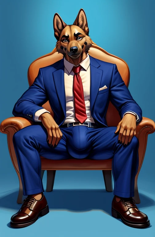 solo, male, yellow tan and dark brown german shepherd, toned body, (dark blue jacket suit with red necktie, tight dark blue pants, thick bulge, brown shoes), (massive bulge), sitting on a fancy chair, showing his brown shoes, close-up on his shoes, smile, angry expression, looking at viewer, high detailed, masterpiece, dark blue background, author by: Meesh