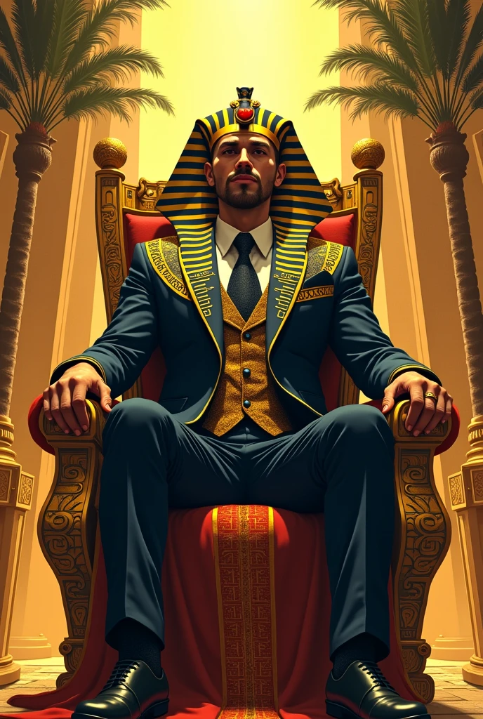  Create an illustration reimagining what a fusion of a businessman's formal social style and the clothing of the pharaohs would look like, the pharaoh sitting on the throne. 