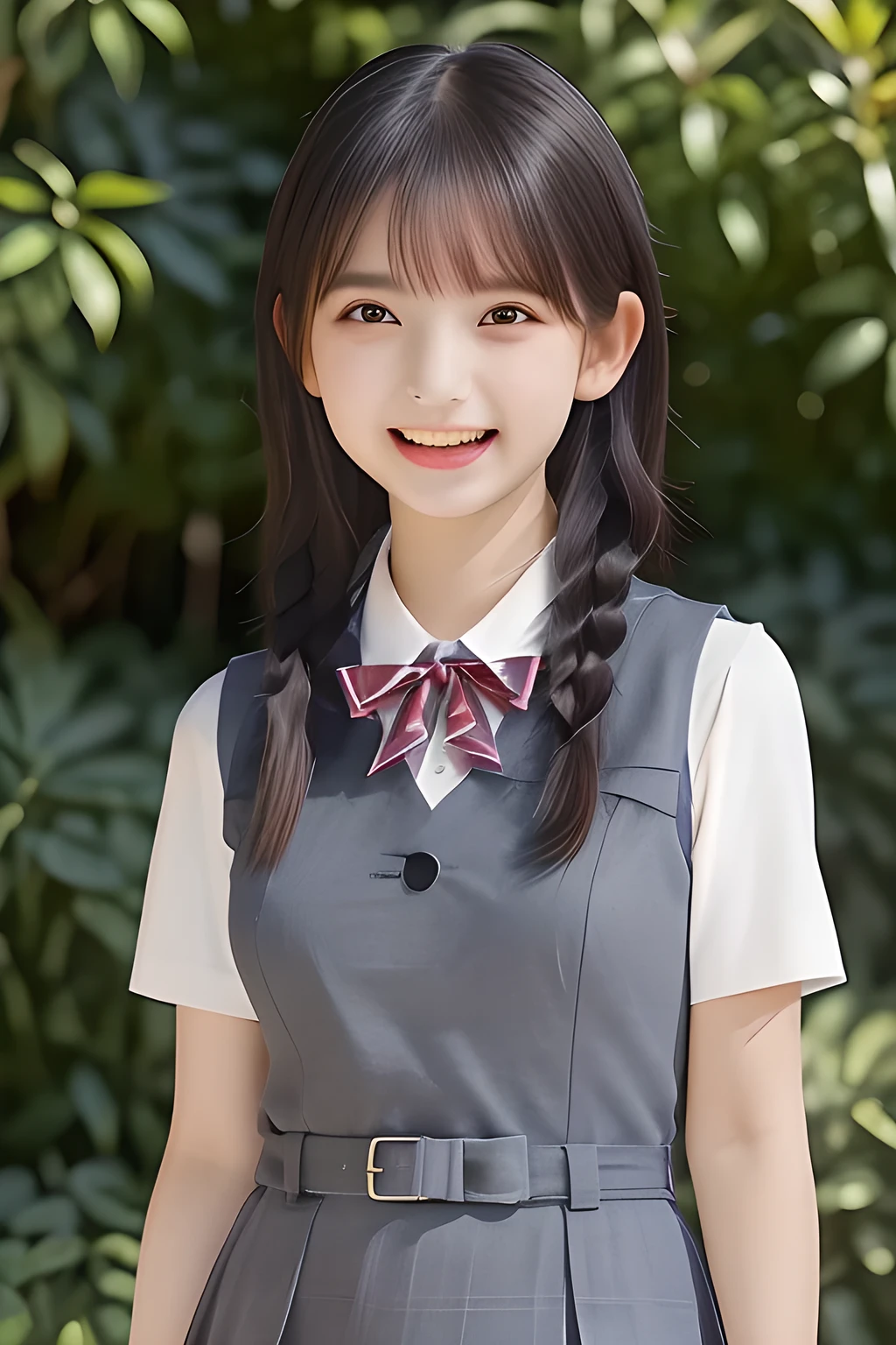 (highest quality, masterpiece, high resolution:1.2), 4K, (Photo quality detailed face: 1.2), (Giorgione painting style: 0.8), geometry, ( yo cute girly Japanese girl with very detailed graceful cute smiling face: 1.2), Laughing cutely, (neat girly white short-sleeves school blouse: 1.0), (puffed short sleeves: 1.0), (big sharp breast: 1.4), (Dark red glossy school ribbon on the breast: 1.0), (Light gray Japanese school girly vest Uniform: 1.2), (Light gray short school boxed pleated skirt: 1.2), (Extremely laughing cheeks: 1.0), (Beautiful light-amber cute-dolly large clear laughing 10yo noble princesses eyes with very detailed cutely: 1.4), (Very very clear white skin: 1.2), (Long bottom eyelashes: 1.2), (Glossy lips: 1.0), (braids under her ears: 1.3), (Full body shot: 1.3)