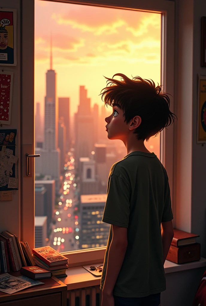 Teen boy seeing outside the window view of city