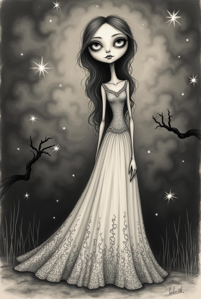 A drawing in the style of the ones Tim Burton used to do for his wife Helena, with a romantic pencil