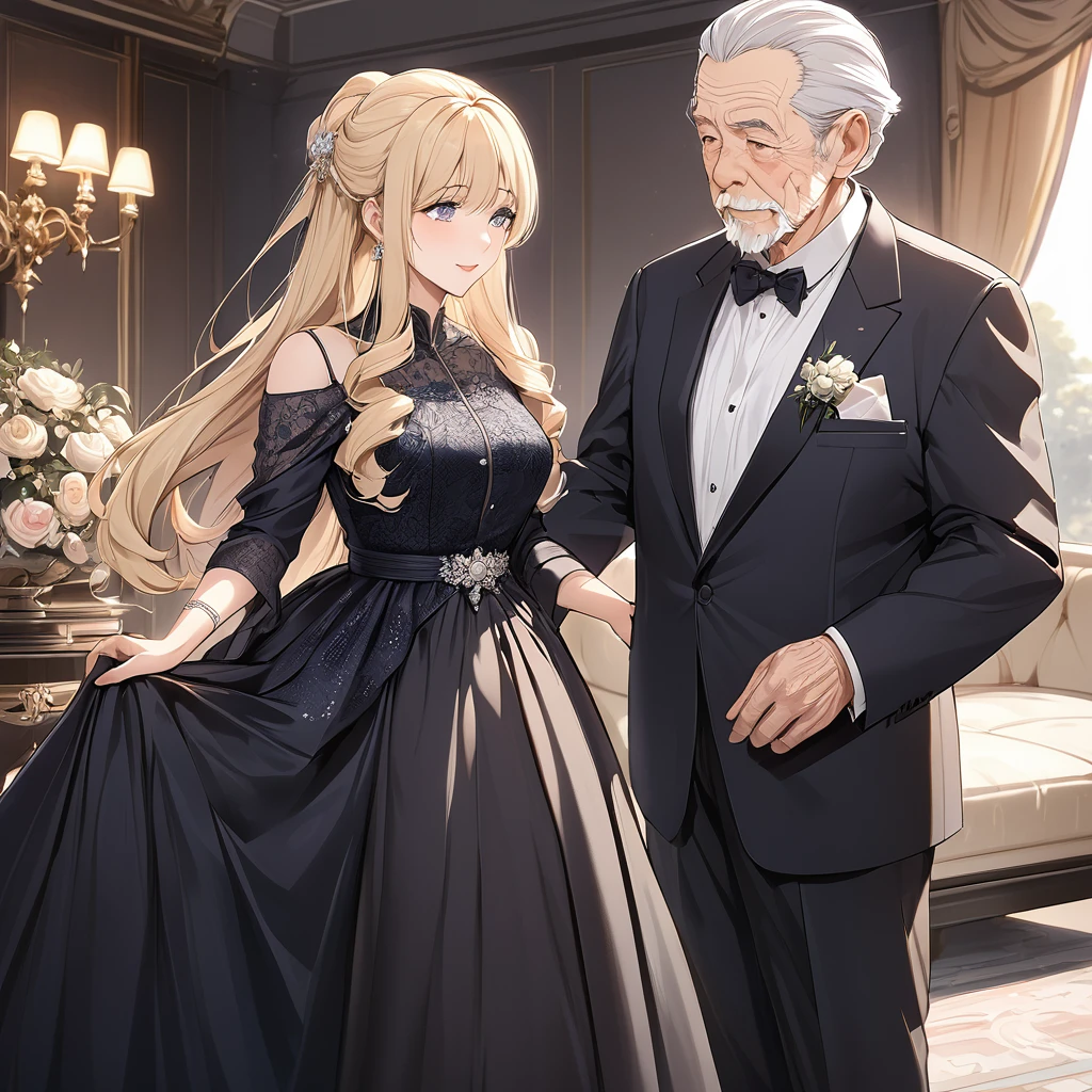 ((Highest quality)), ((masterpiece)), (detailed), （Perfect Face）、The woman is in a luxurious formal dress with blonde, semi-long hair, wearing an engagement ring in Beltiule.、The woman is in formal attire, standing beside an elderly man.、The woman is dressed formally, standing beside her elderly husband as his wife.、The old man is wearing an engagement ring