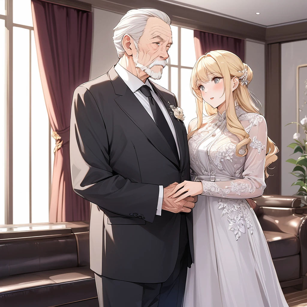 ((Highest quality)), ((masterpiece)), (detailed), （Perfect Face）、The woman is in a luxurious formal dress with blonde, semi-long hair, wearing an engagement ring in Beltiule.、The woman is in formal attire, standing beside an elderly man.、The woman is dressed formally, standing beside her elderly husband as his wife.、The old man is wearing an engagement ring