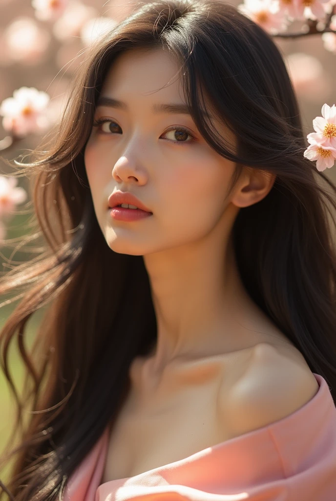 Japanese woman with exposed in natural light、Chest close-up and calm expression.、It represents her inner peace and outer charm..。