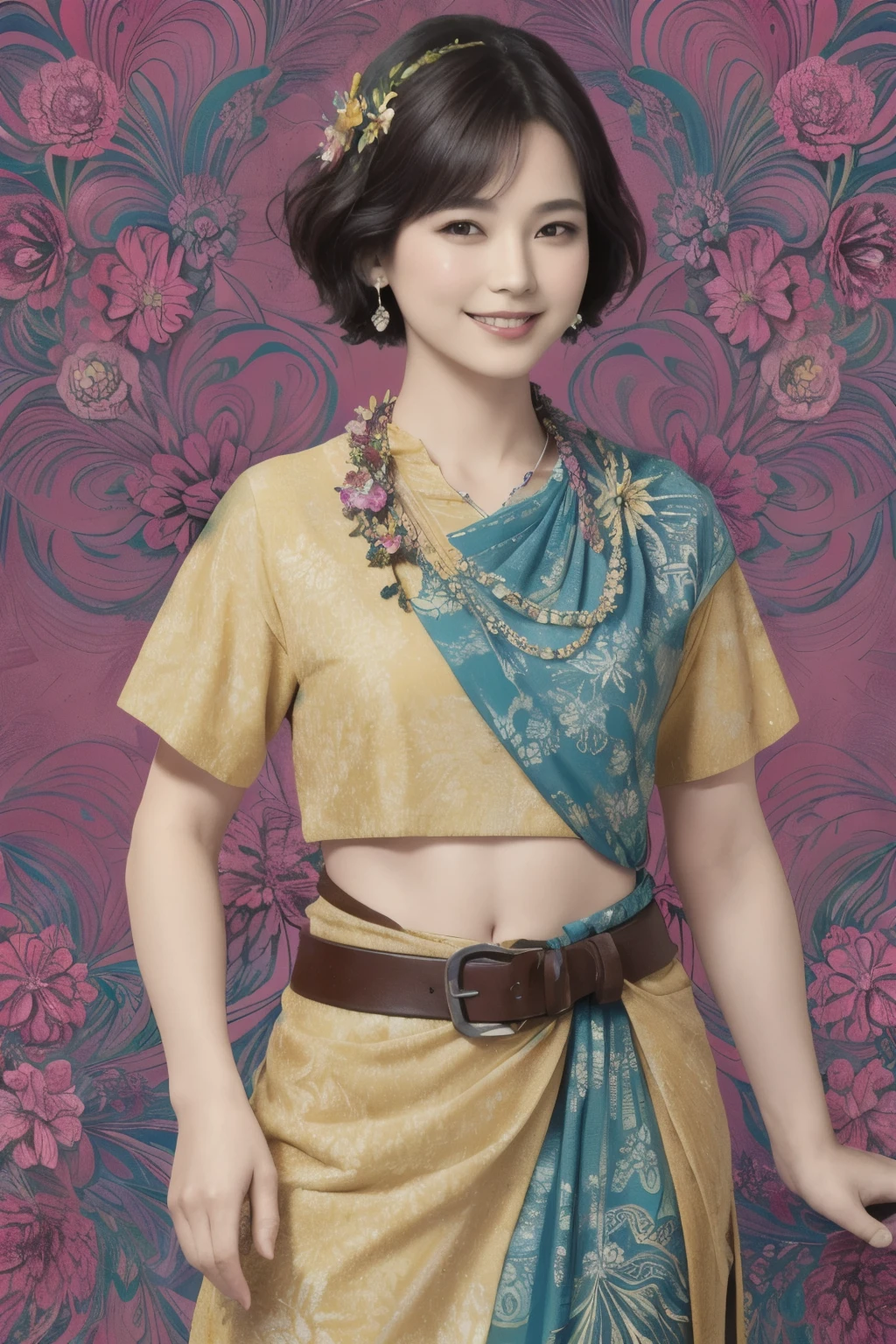 272 (20-year-old woman,short hair), (masterpiece, Highest quality, beautiful:1.2), Very detailed, (Fractal Art:1.1), (colorful:1.1), (flower:1.3), whole body, (Abstract background:1.3), (Many colors:1.4), (Old-fashioned smile), (Hawaii)
