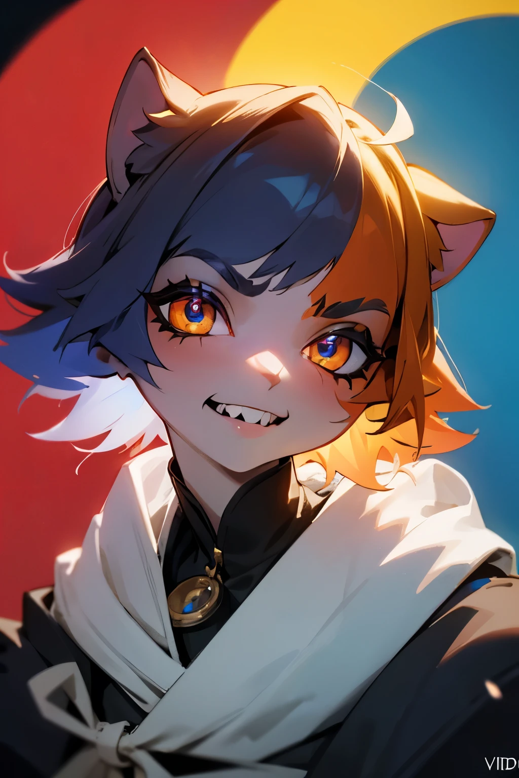 master masterpiece, 4k, highly detailed, HDR, subsurface scattering, cinematic light, (beautiful detailed eyes:1.6), extremely detailed face, 1 girl, cat ears, meowskulls, short hair, messy hair, multicolor hair, goth robe, robe, calico cat fur, Neko, vitiligo, neon ambar eyes, swirling pupils, multicolor skin, sharp teeth, large smile, Clear focus，hard lighting，vivd colour