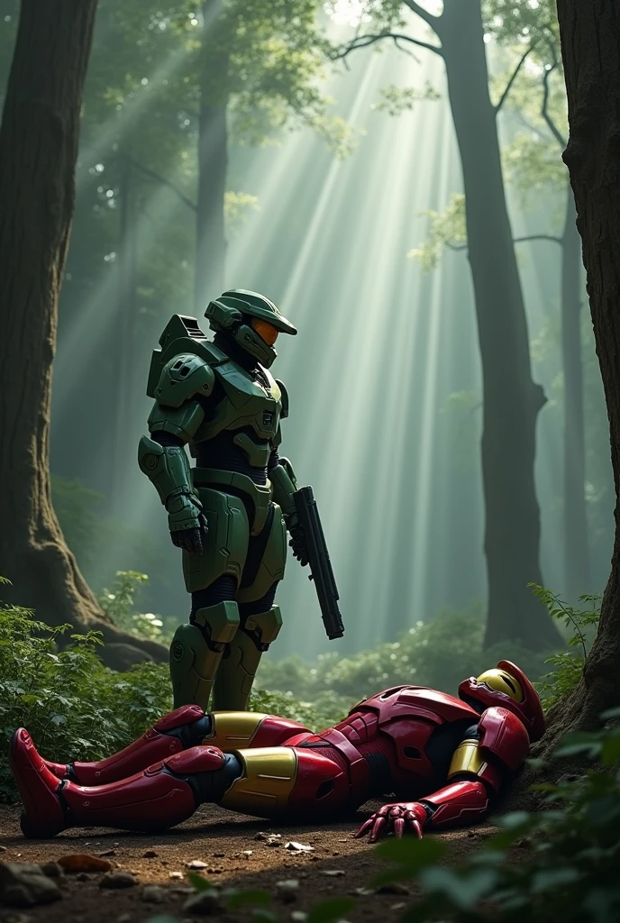 Master Chief from Halo kill iron Man from marvel with his gun and iron Man got down dead in the forest