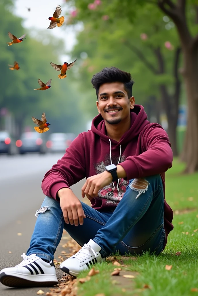 please make a picture of a 28-year-old Indonesia Asian man.sitting on the shoulder of the road with an outdoor background with a city park background.there are small colorful birds flying around,The individual is wearing a maroon red long-sleeved hoodie with a graphic design, wearing a galaxy smartwatch in his left hand, wearing Riped blue jeans, and wearing white sneakers with black stripes.