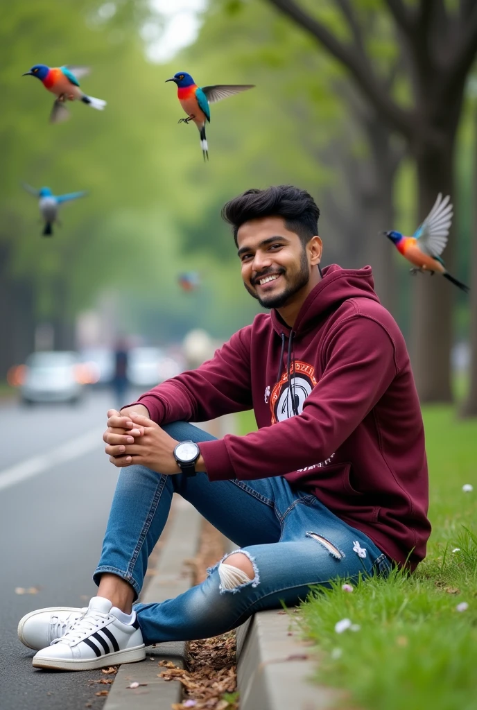 please make a picture of a 28-year-old Indonesia Asian man.sitting on the shoulder of the road with an outdoor background with a city park background.there are small colorful birds flying around,The individual is wearing a maroon red long-sleeved hoodie with a graphic design, wearing a galaxy smartwatch in his left hand, wearing Riped blue jeans, and wearing white sneakers with black stripes.