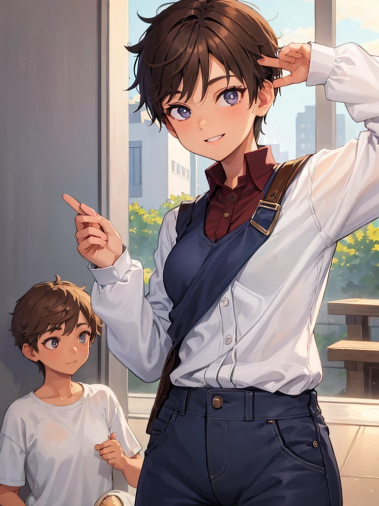 A girl with pixie two block haircut with light brown colored hair. Have a brown colored eyes. Small pupils. Have C cup breasts. Make her look like a boy, happy and smiling. Wearing an oversized shirt and short pants. 