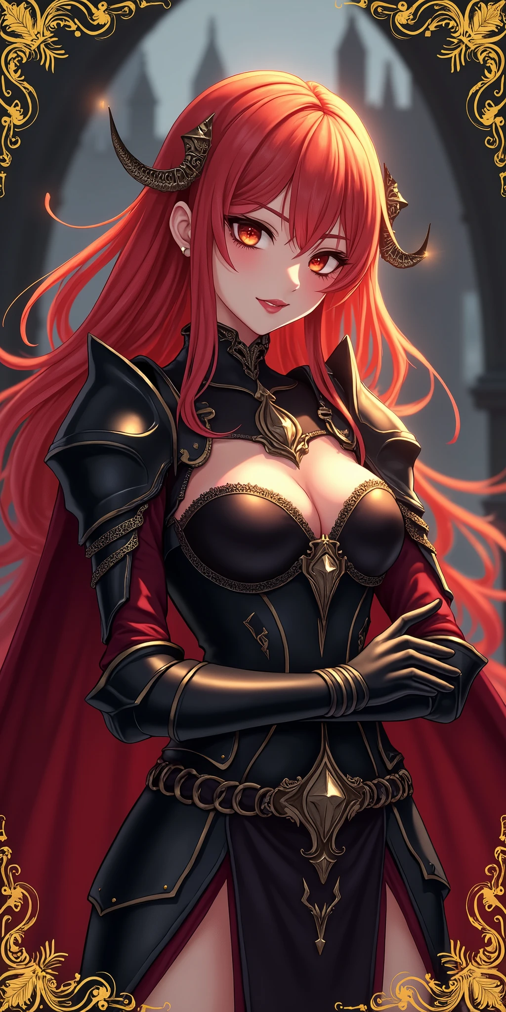 (best quality, ultra-detailed, photorealistic: 1.39), bright and vibrant colors, studio lighting, romantic expression, An effeminate girl, with a delicate and beautiful face. golden design on the edges of the image symbolizing rare underworld knight card, with golden edges on the card, golden haired, a female knight wearing dark armor, dark magic emanating from the armor, large breasts and flaming red hair, parted lips, seductive pose, domineering expression, evil smile, backdrop of dark castle ruins in the background, she is female knight, anime style, Anime Bishoujo