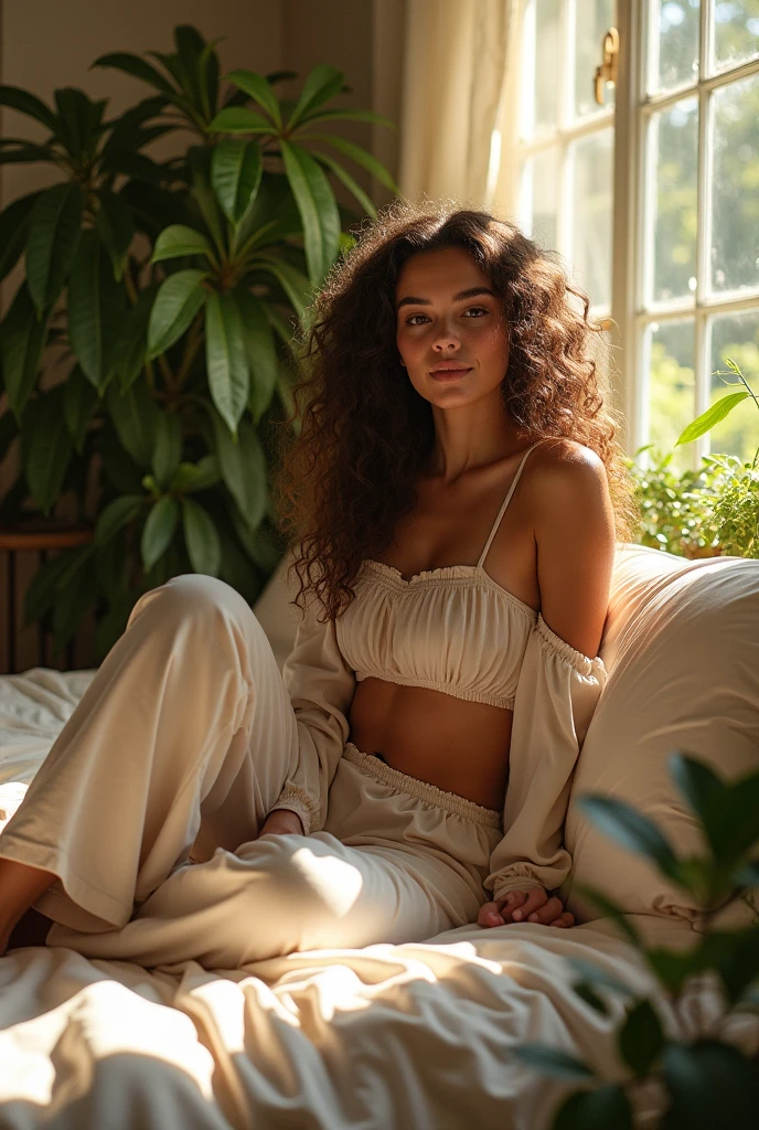 (photorealism:1.2), beautiful woman, sitting on bed, wearing loose off-shoulder top, pajama pants, long curly hair, indoors, soft lighting, plants in background, window with sunlight, cozy room, relaxed pose, realistic, intricate details, warm colors, by Greg Rutkowski, by Alphonse Mucha
