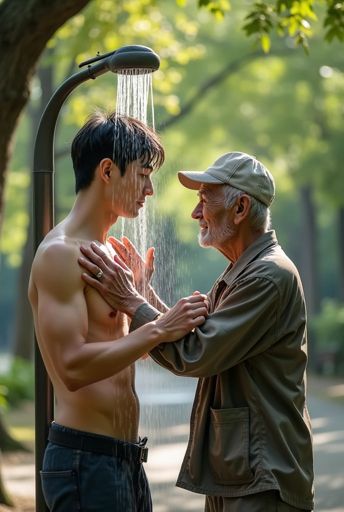 Handsome Korean guy with six-pack abs takes off his clothes and hugs an old homeless person while taking a shower