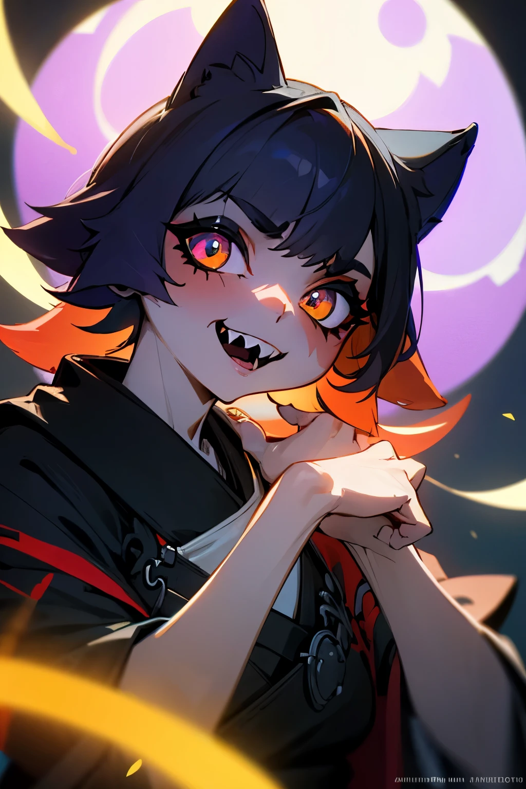 master masterpiece, 4k, highly detailed, HDR, subsurface scattering, cinematic light, (beautiful detailed eyes:1.6), extremely detailed face, 1 girl, cat ears, meowskulls, short hair, messy hair, multicolor hair, goth robe, robe, calico cat fur, Neko, vitiligo, neon ambar eyes, swirling pupils, multicolor skin, sharp teeth, large smile, Clear focus,hard lighting,vivd colour