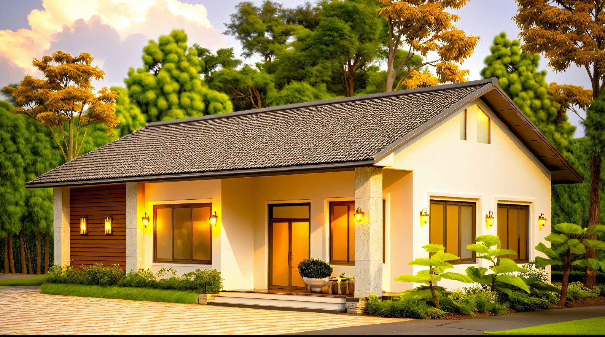 Raw photo,Masterpiece, high quality, best quality, authentic, super detail, exterior, outdoors, house style modern on the street,pavement, grass, trees, sky, cloud, (day:1.1), MIX WHITE AND Chocolate style color ; CHOCOLATE COLOR STYLE ROOF TILES, japanese roof style