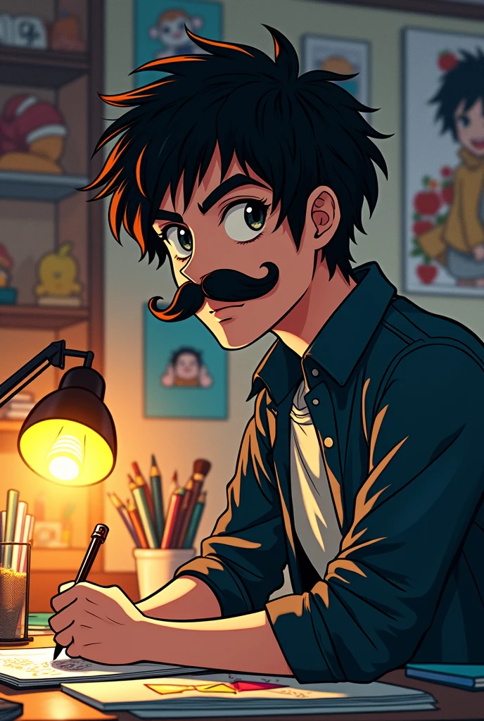 Make an icon profile picture for a dark-haired manga writer with a mustache.