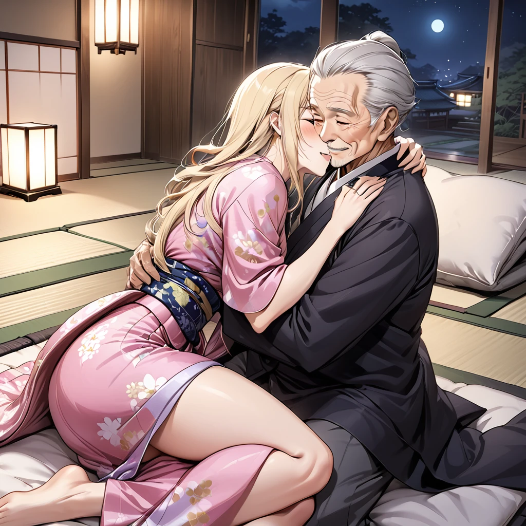 ((Highest quality)), ((masterpiece)), (detailed), （Perfect Face）、The woman was wearing a luxurious and glittering kimono with blonde, semi-long hair in a Japanese style and an engagement ring.、The woman is lying next to an elderly man on the futon in the tatami room at night.、The woman is hugging and kissing an elderly man, looking happy and in love、The old man is wearing an engagement ring
